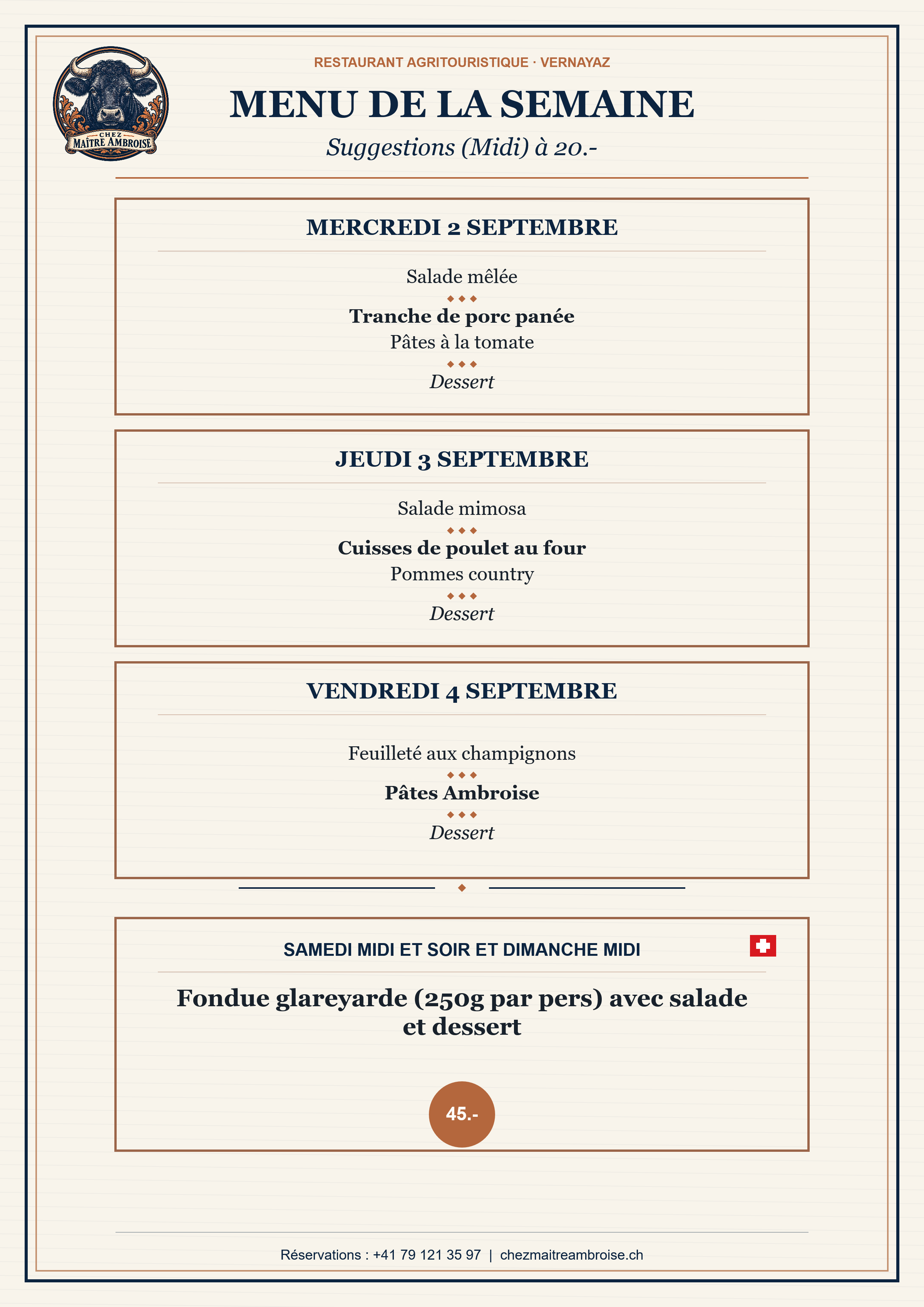 Menu de la semaine du 2 au 4 septembre 2026 – Chez Maître Ambroise