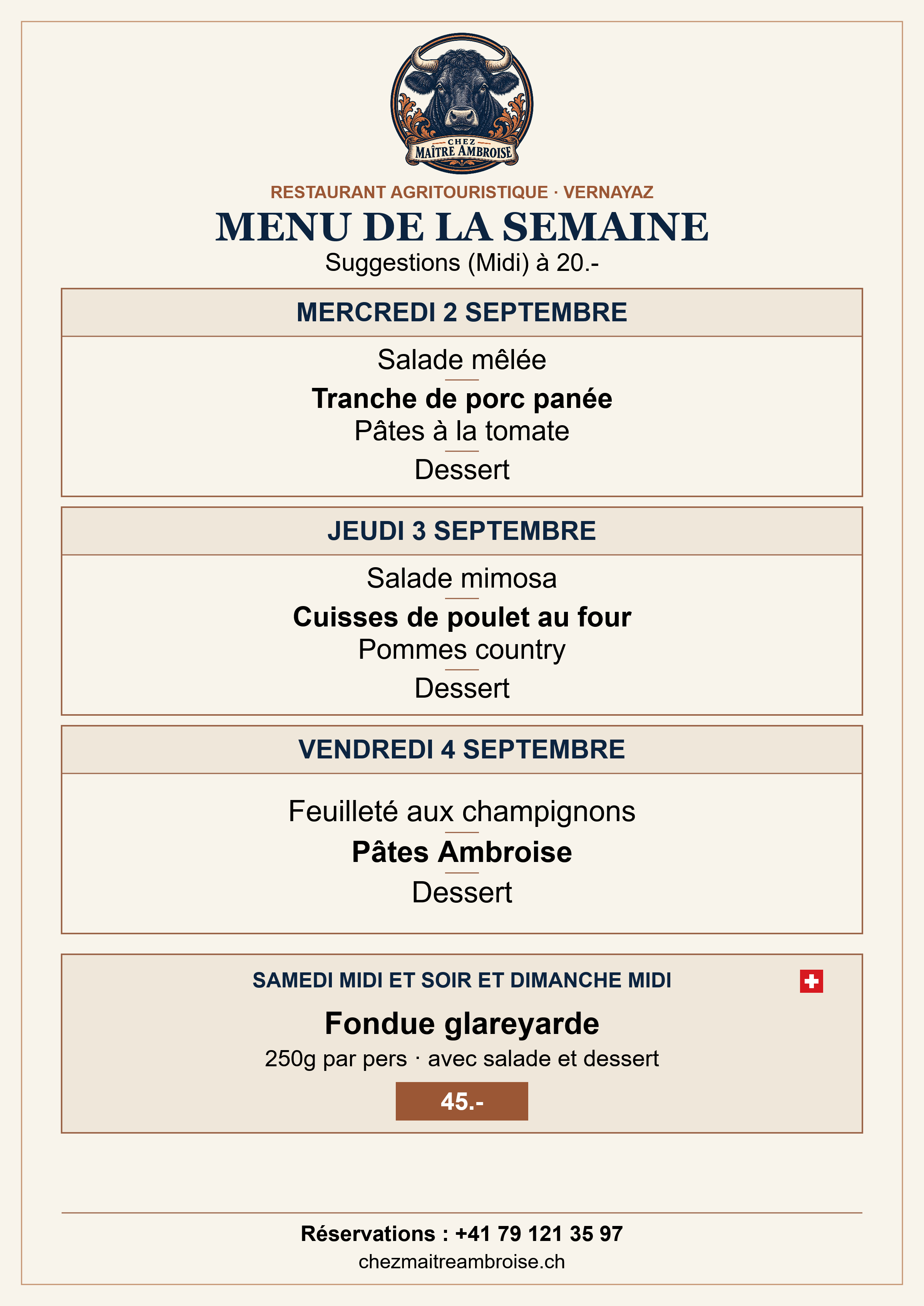 Menu de la semaine du 2 au 4 septembre 2026 – Chez Maître Ambroise
