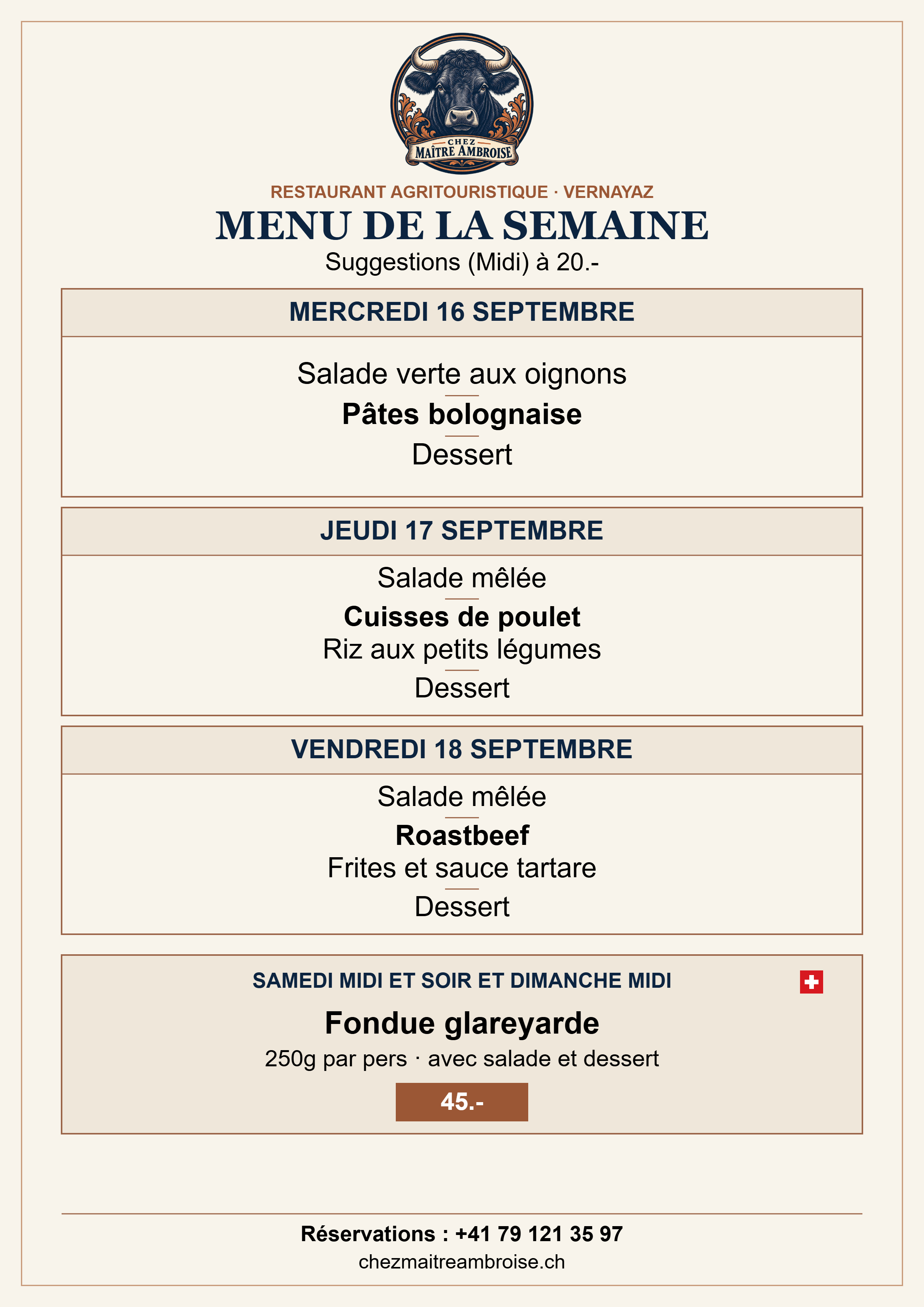 Menu de la semaine du 16 au 18 septembre 2026 – Chez Maître Ambroise